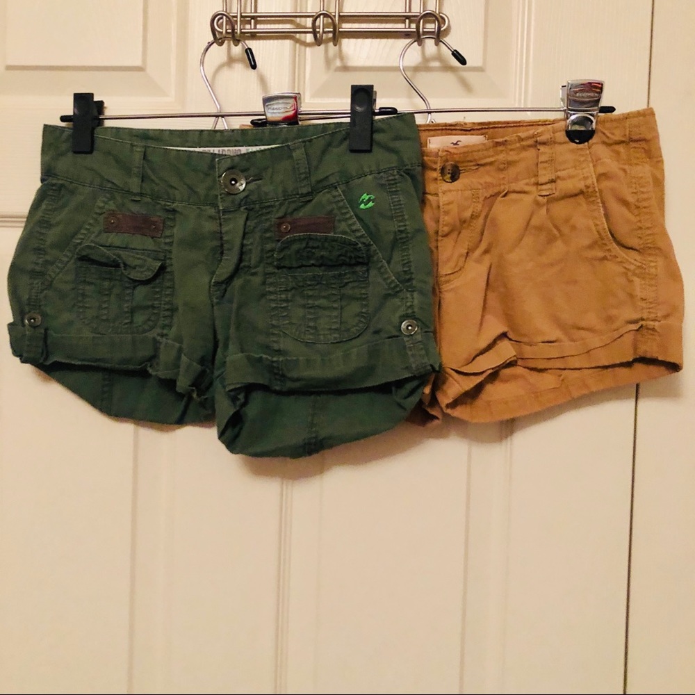 Two shorts, green Billabong and khaki Hollister
